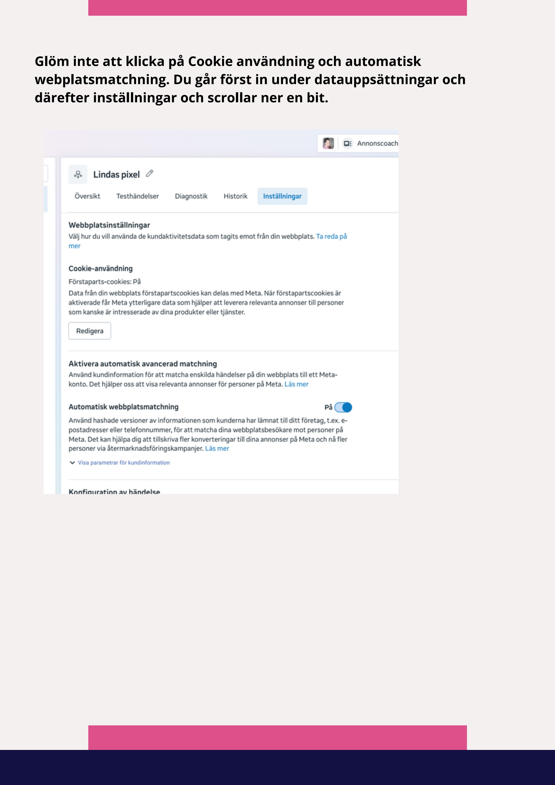 Webbplatsinställningar: cookies och matchning